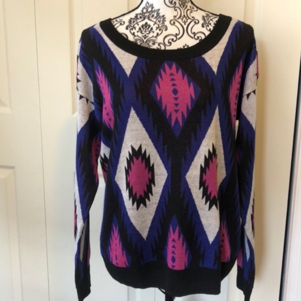 Flying Tomato Black Purple Aztec Crew Sweater L